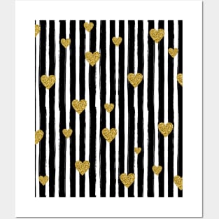 Glitter Chic Pattern 02 | Black Lines with gold hearts Posters and Art